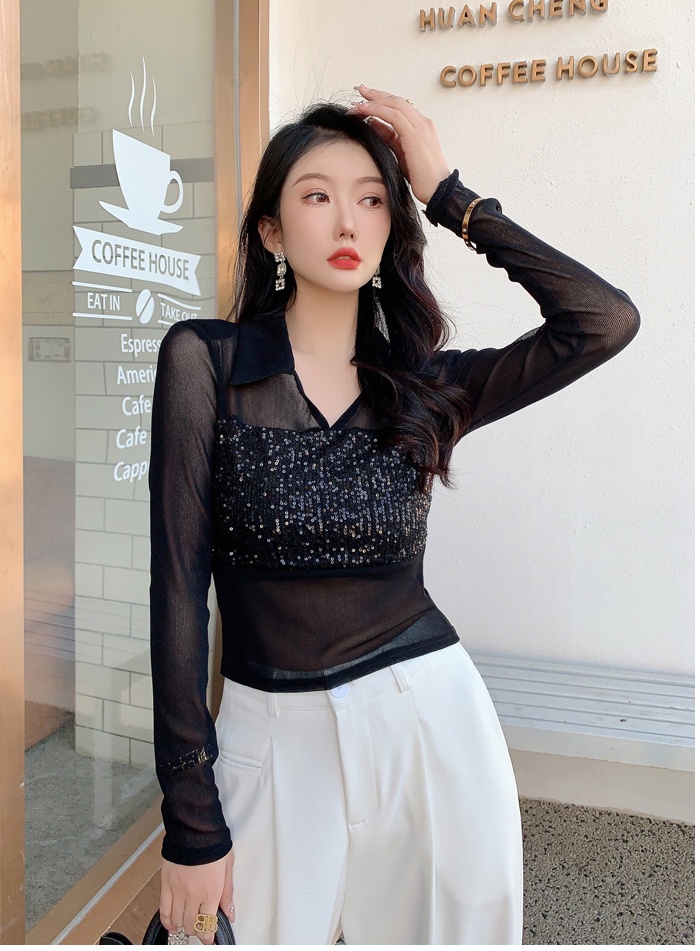 Sequins spring and autumn T-shirt gauze splice tops