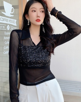Sequins spring and autumn T-shirt gauze splice tops