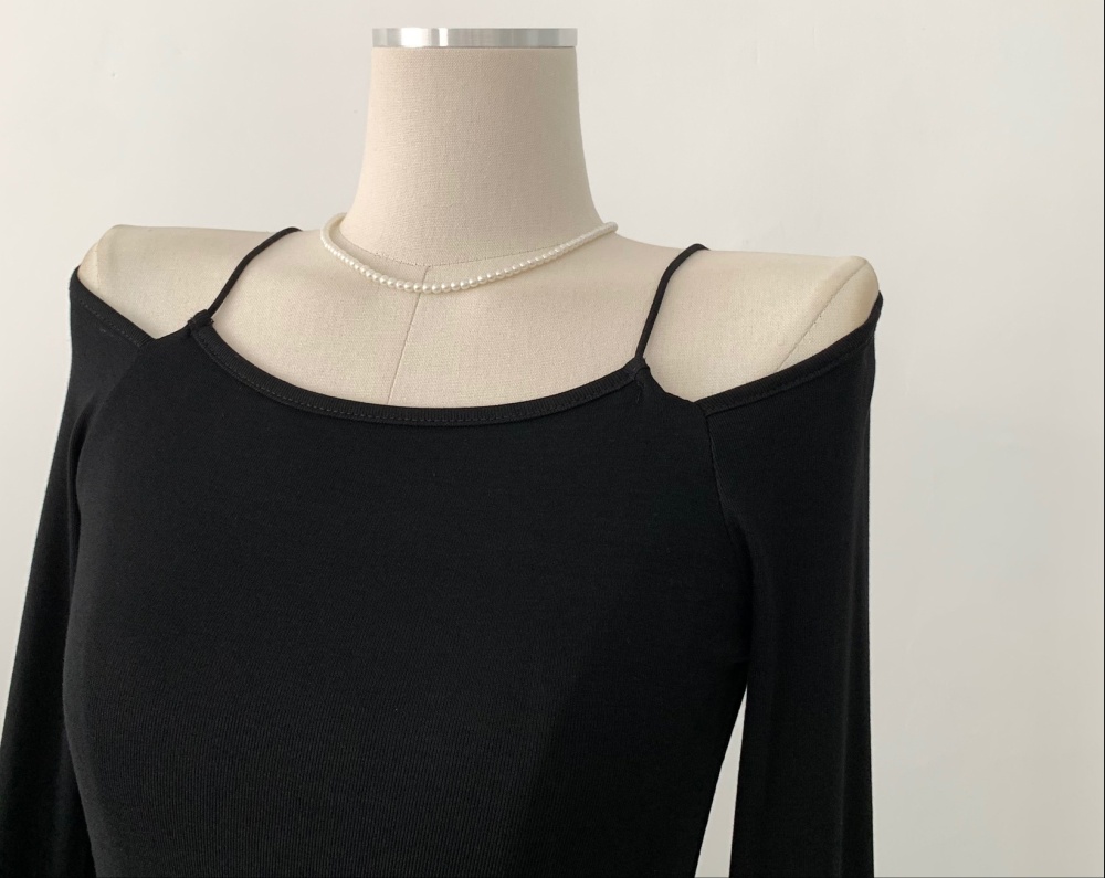Simple black long sleeve strapless sexy Pseudo-two tops