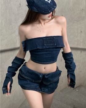 Denim sleeve short skirt spicegirl wrapped chest tops a set
