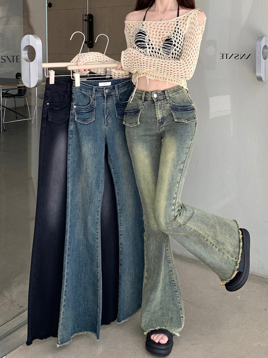 Retro mopping jeans high waist long pants for women