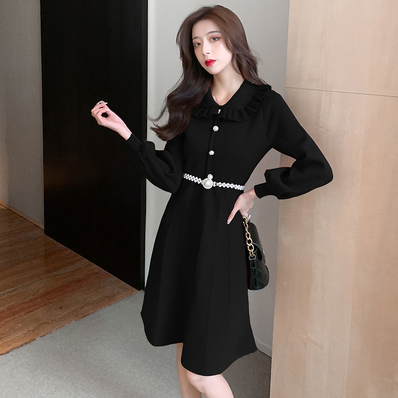 Lotus leaf collar knitted sweater long sleeve dress