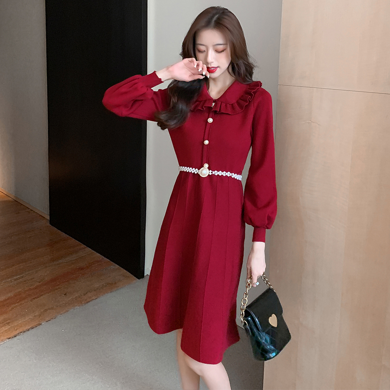 Lotus leaf collar knitted sweater long sleeve dress