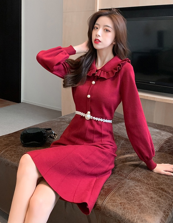 Lotus leaf collar knitted sweater long sleeve dress