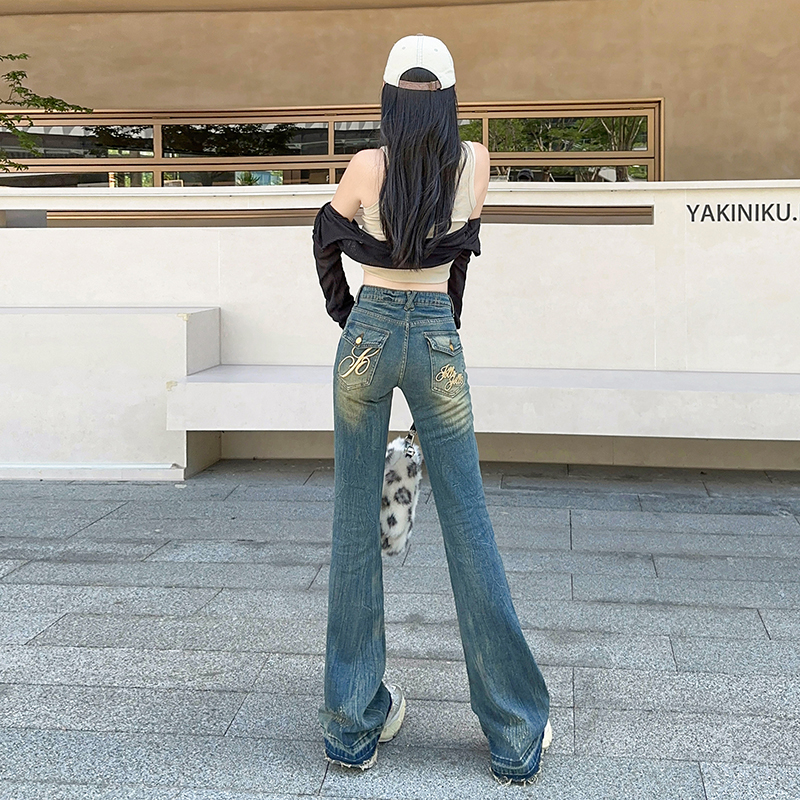 Embroidery jeans mixed colors flare pants for women