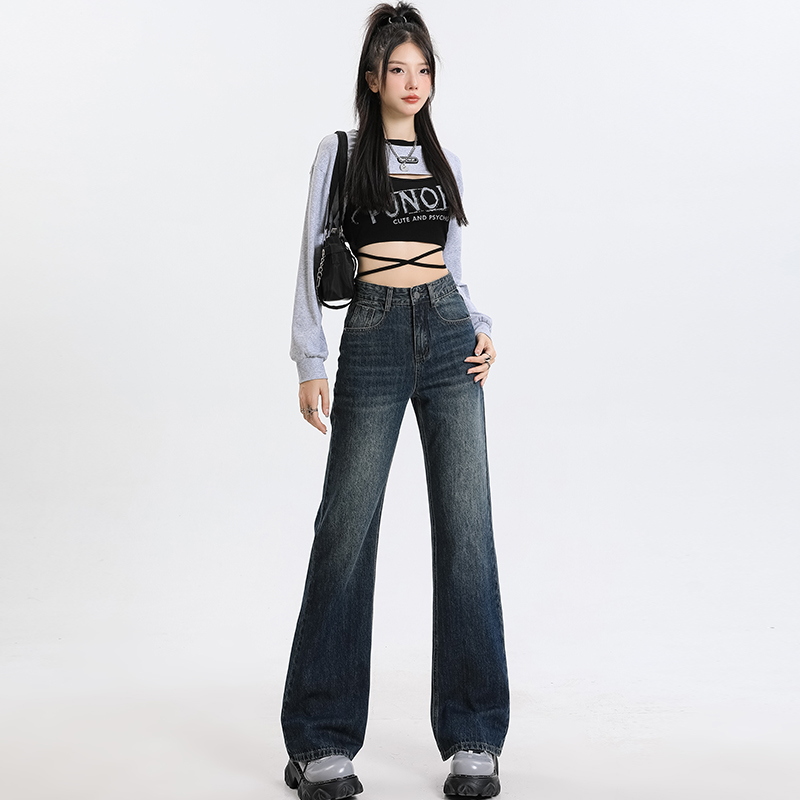 Commuting wide leg straight pants retro mopping jeans