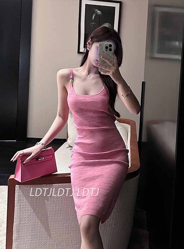 Fashion and elegant pink sling sexy slim dress