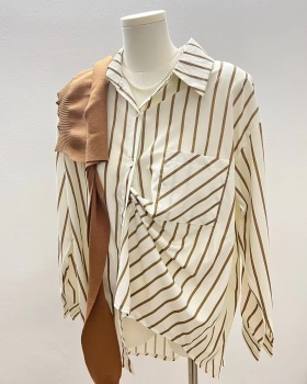 Long stripe spring and autumn coat lapel knitted shirt a set