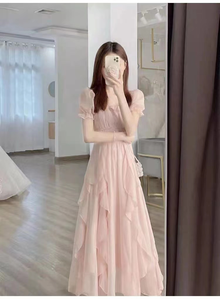 France style temperament dress unique pink long dress