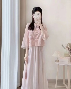 Han clothing pink shirt loose embroidery tops 2pcs set