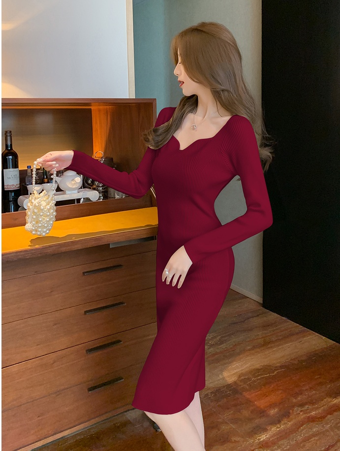 V-neck knitted pure sweater lady long sleeve dress