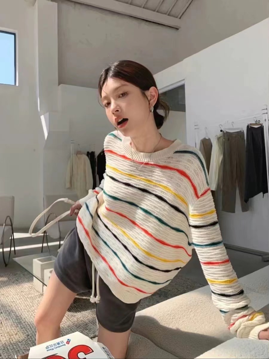 Mixed colors stripe sweater all-match fashion tops for women