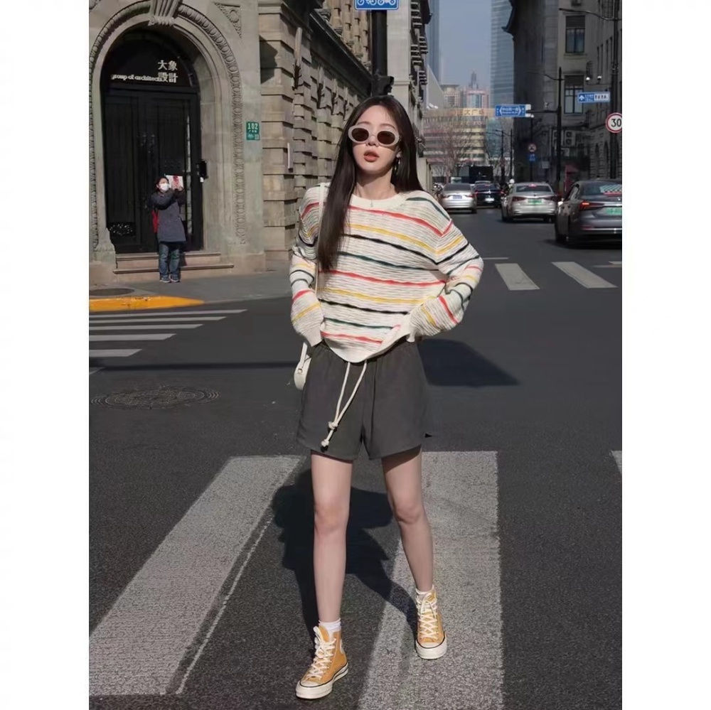 Mixed colors stripe sweater all-match fashion tops for women