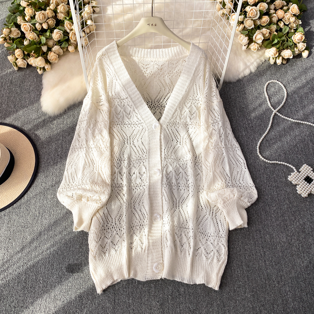 V-neck loose shawl single-breasted cardigan for women