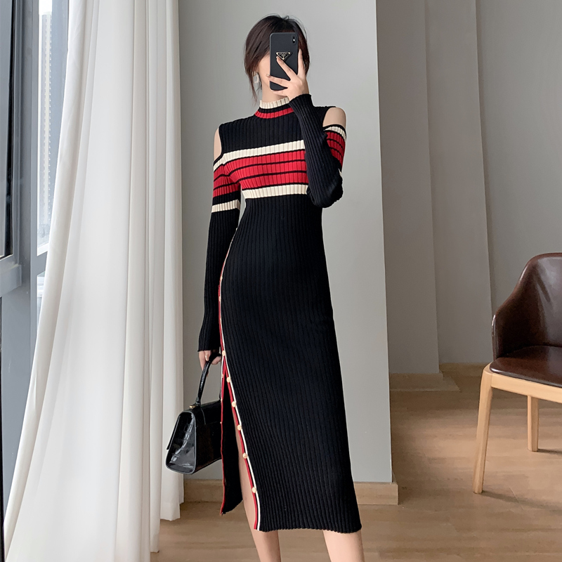 Autumn and winter knitted bottoming slim dress for women