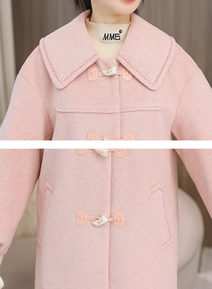 Korean style pink long woolen coat autumn slim overcoat