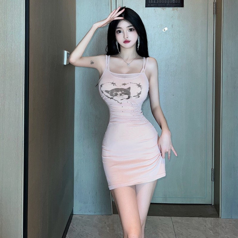Sexy pinched waist strap dress package hip dress for women
