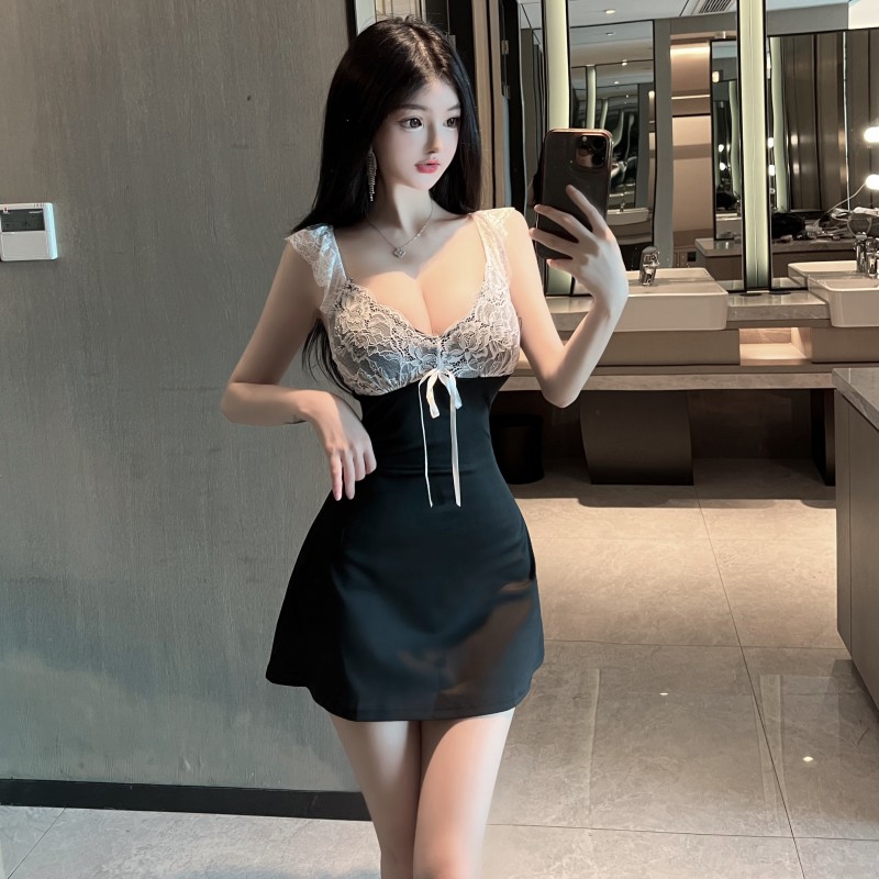 Splice V-neck slim sexy pinched waist lace dress for women