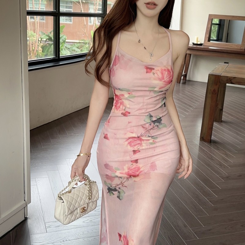 Split rose strap dress long sexy long dress for women