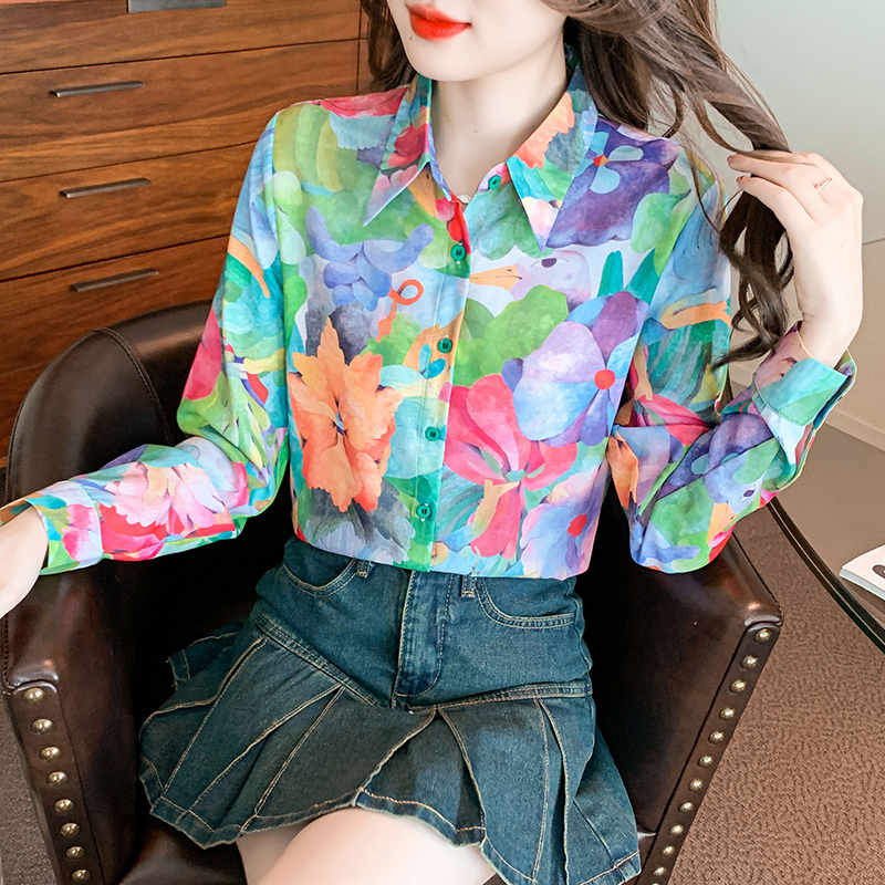 Printing tops long sleeve chiffon shirt for women