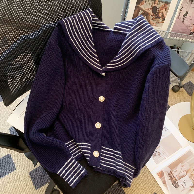 Knitted niche coat stripe navy collar tops for women