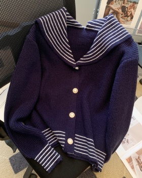 Knitted niche coat stripe navy collar tops for women
