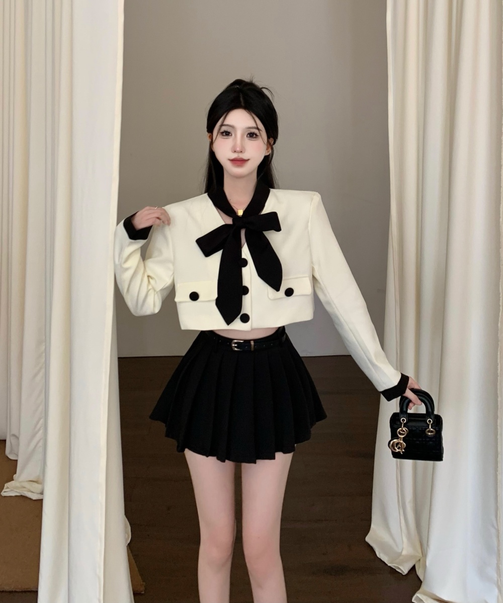 Pleated fashion skirt high waist bow coat a set