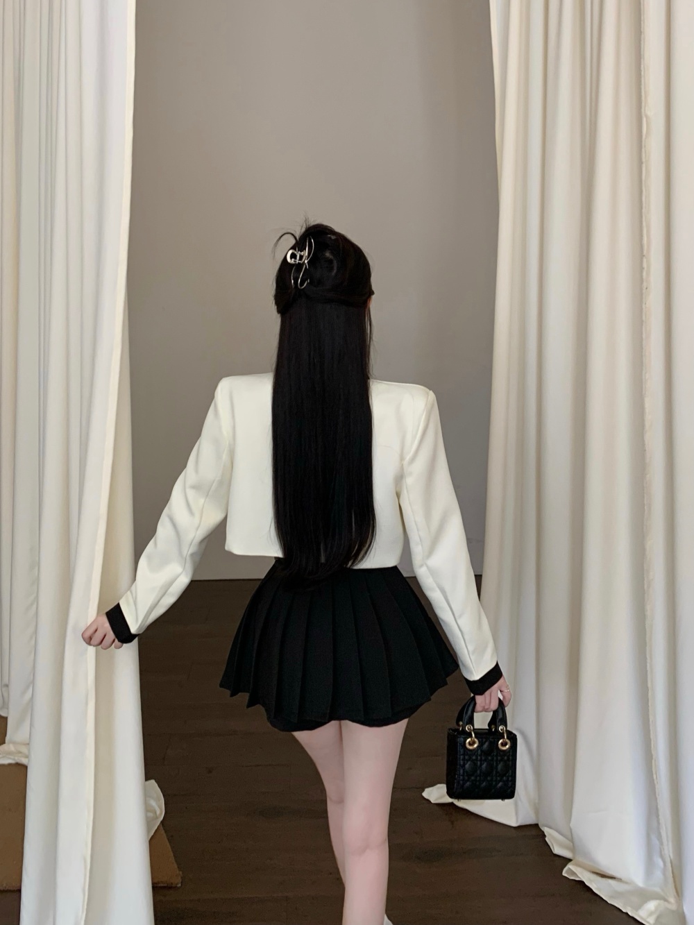 Pleated fashion skirt high waist bow coat a set