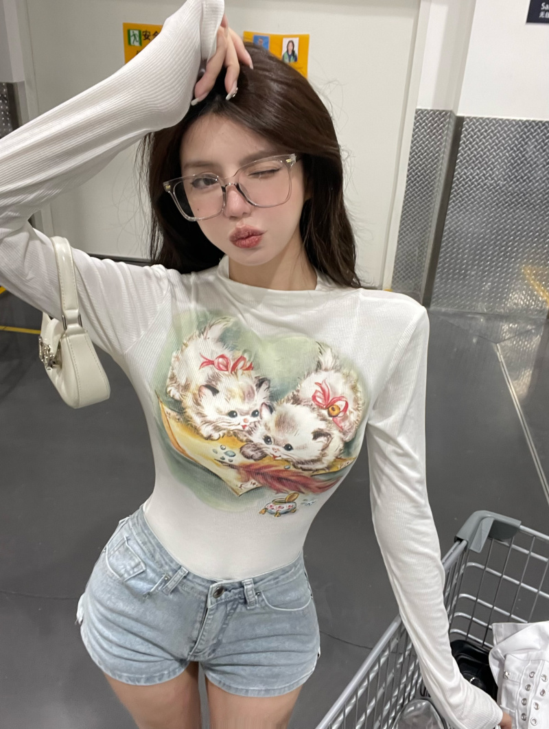 Printing slim tight T-shirt long sleeve kitty tops for women