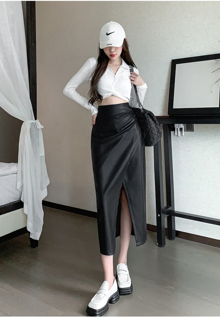 Long package hip skirt high waist fold leather skirt for women