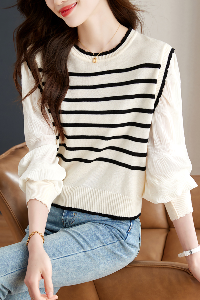 Stripe autumn sweater Pseudo-two France style shirt