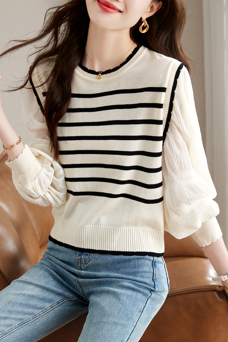 Stripe autumn sweater Pseudo-two France style shirt