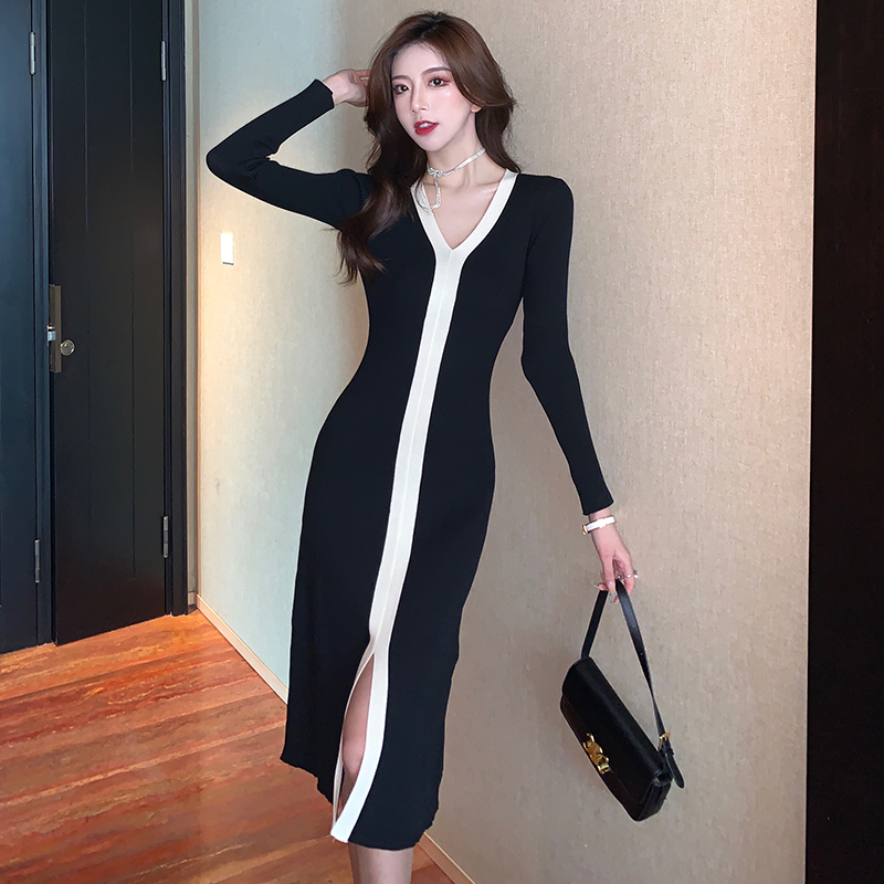 Black-white split long dress splice France style dress