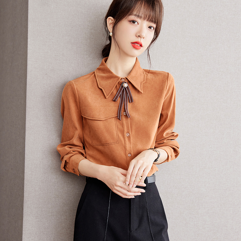 Autumn lapel shirt bow long sleeve tops for women