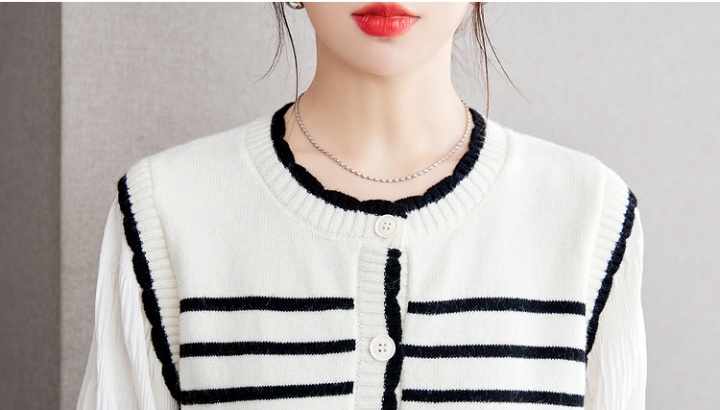 Pseudo-two autumn splice tops knitted stripe chiffon shirt
