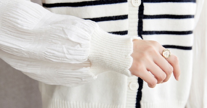 Pseudo-two autumn splice tops knitted stripe chiffon shirt