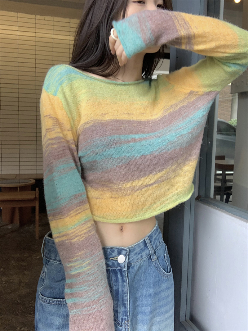 Autumn slim short lazy soft colors-bar knitted retro tops