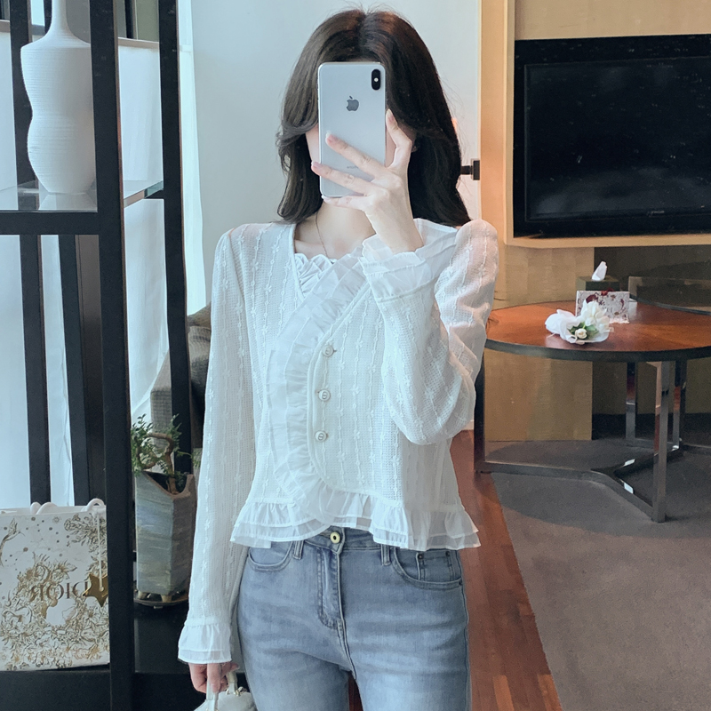 Long sleeve splice tops lace autumn small shirt