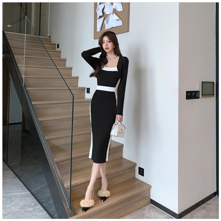 Square collar splice package hip dress for women