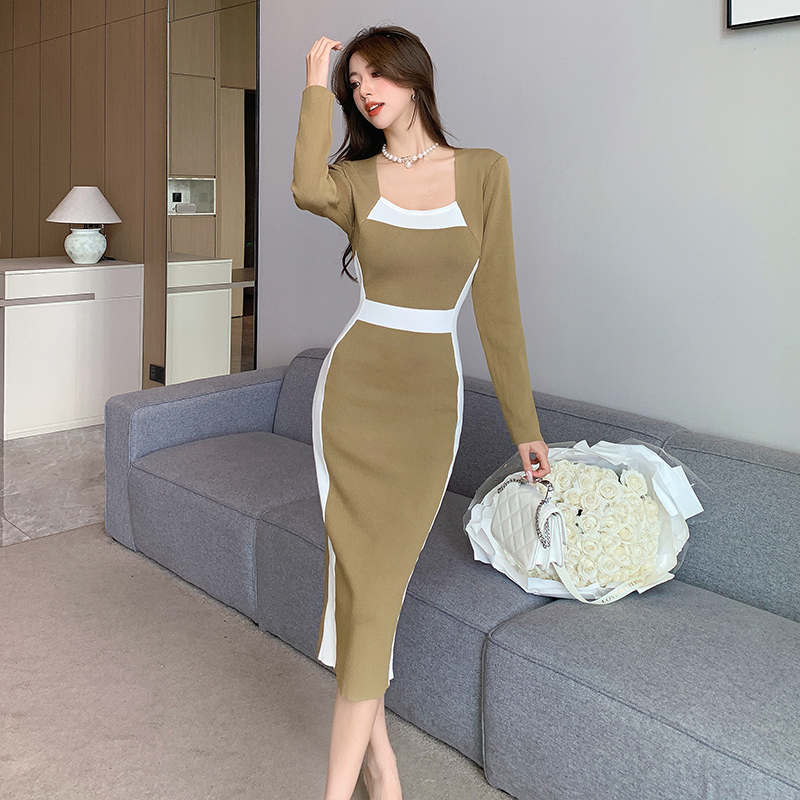 Square collar splice package hip dress for women