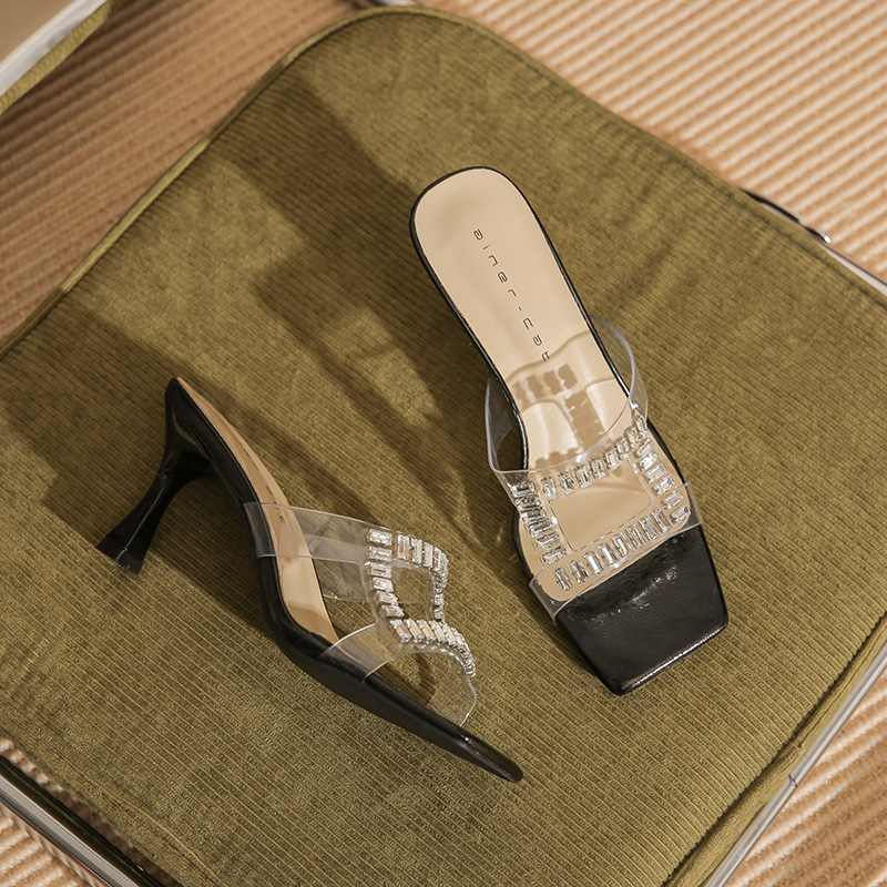 Transparent stilettos sheepskin slippers for women
