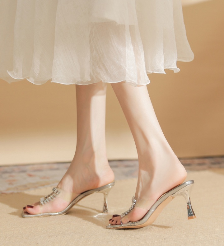 Transparent stilettos sheepskin slippers for women
