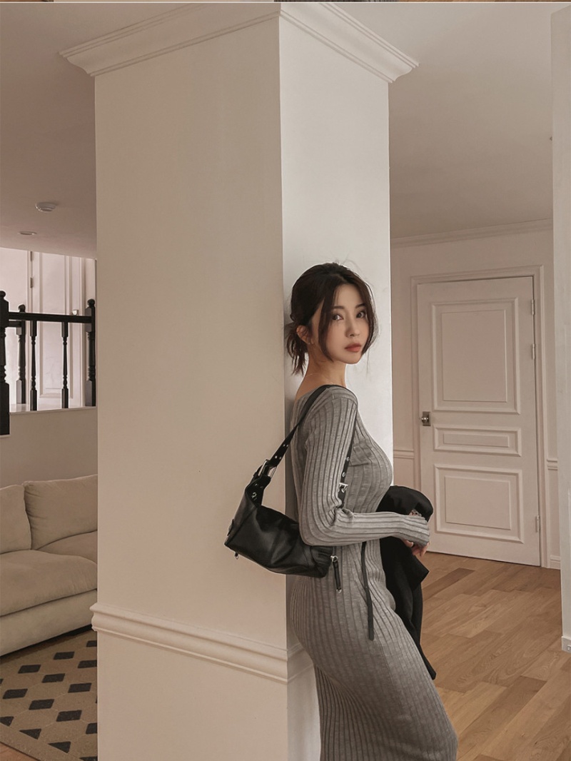 Package hip V-neck knitted Korean style slim dress