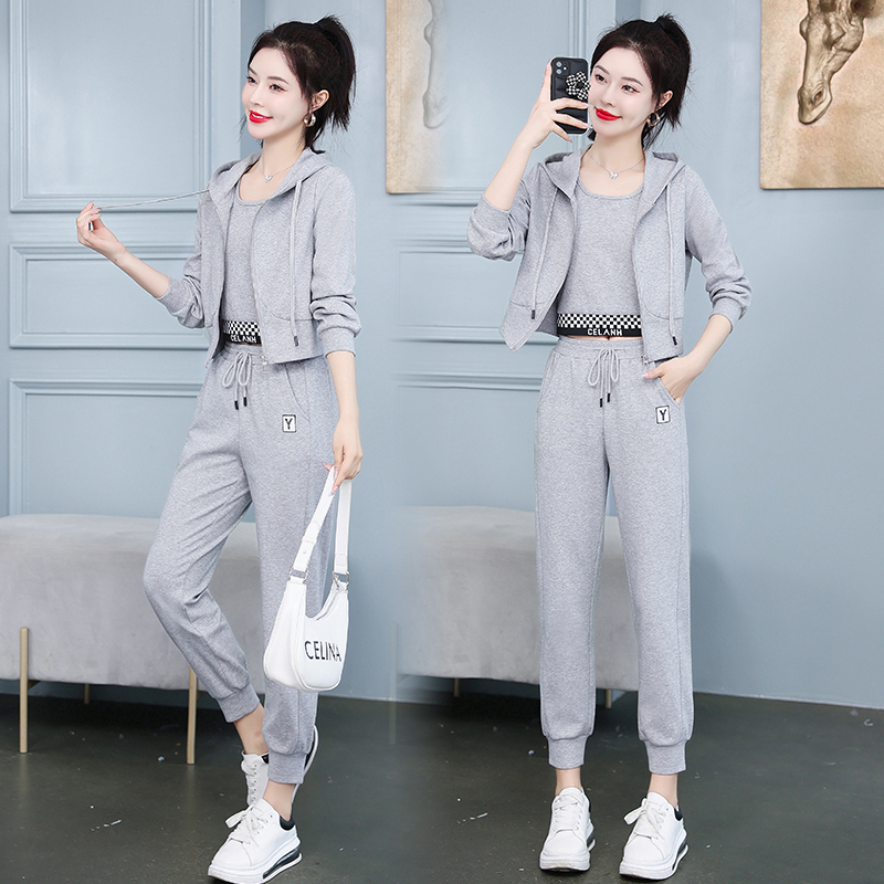 Gray sportswear fashion pants 3pcs set for women