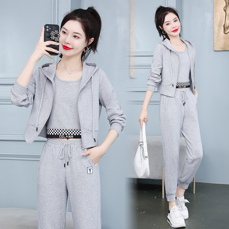 Gray sportswear fashion pants 3pcs set for women