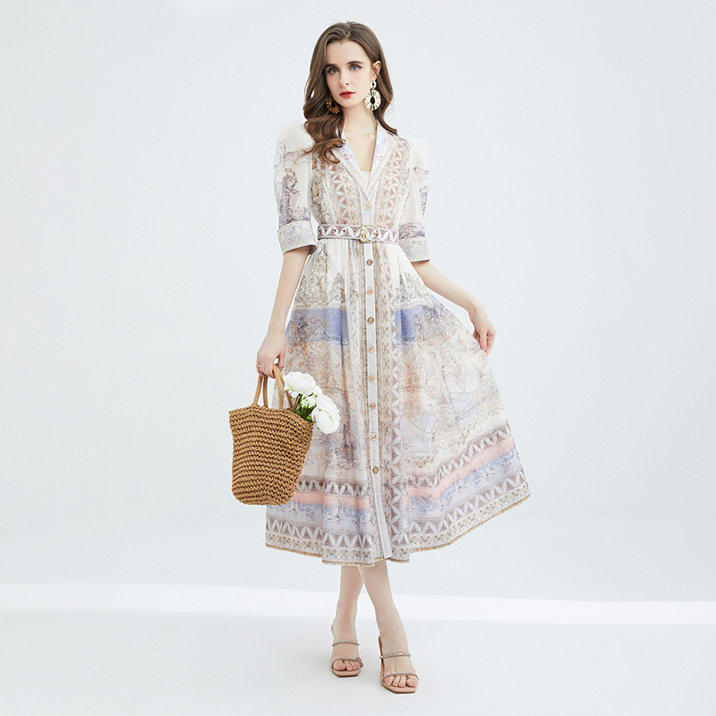 Court style with belt long dress printing dress
