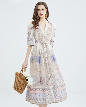 Court style with belt long dress printing dress