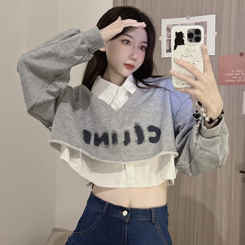 Autumn niche shirt collar Korean style Pseudo-two hoodie