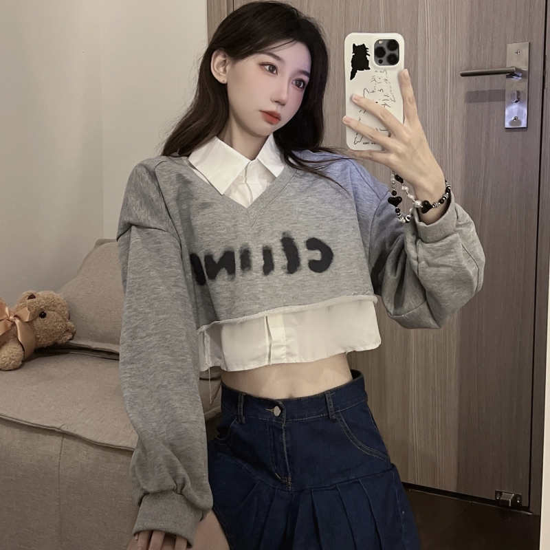 Autumn niche shirt collar Korean style Pseudo-two hoodie