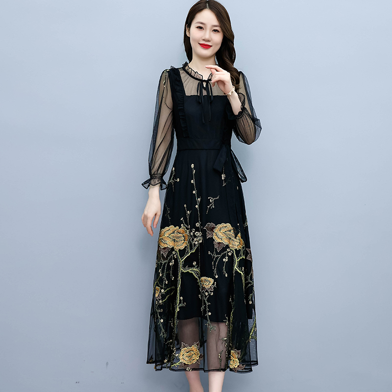 Autumn printing pinched waist long sleeve dress for women